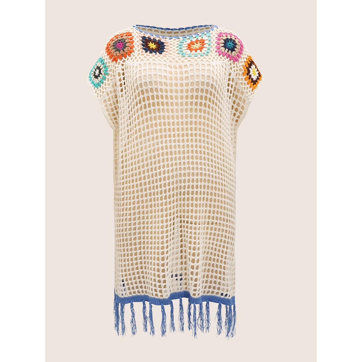 Plus Size Contrast Crochet Cut Out Slit Hem Swim Cover Up Women's Swimwear Ivory Beach Loose Crochet Curve Swim Cover Ups BloomChic 12/L Product Image