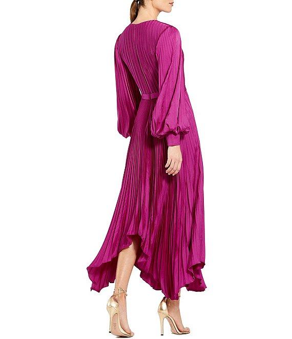 Mac Duggal Pleated Satin Round Neck Long Balloon Sleeve Hanky Hem Midi Dress Product Image