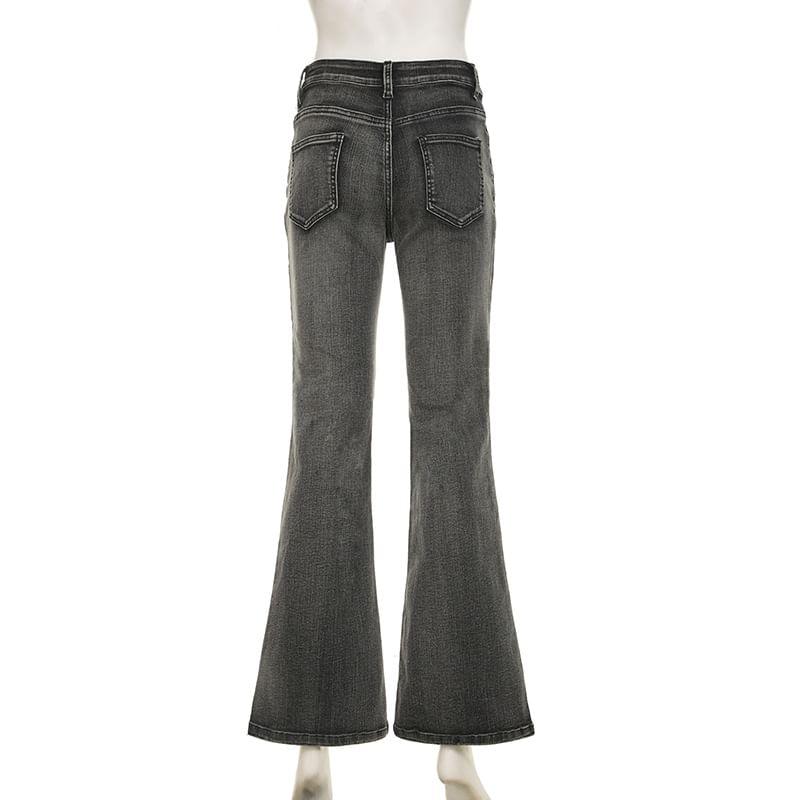 Mid Waist Floral Embroidered Flared Jeans Product Image