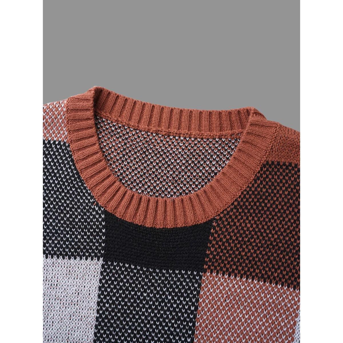 Plus Size Plaid Contrast Slit Hem Pullover Yellowishbrown Women Casual Loose Long Sleeve Round Neck Everyday Pullovers BloomChic 12/L Product Image