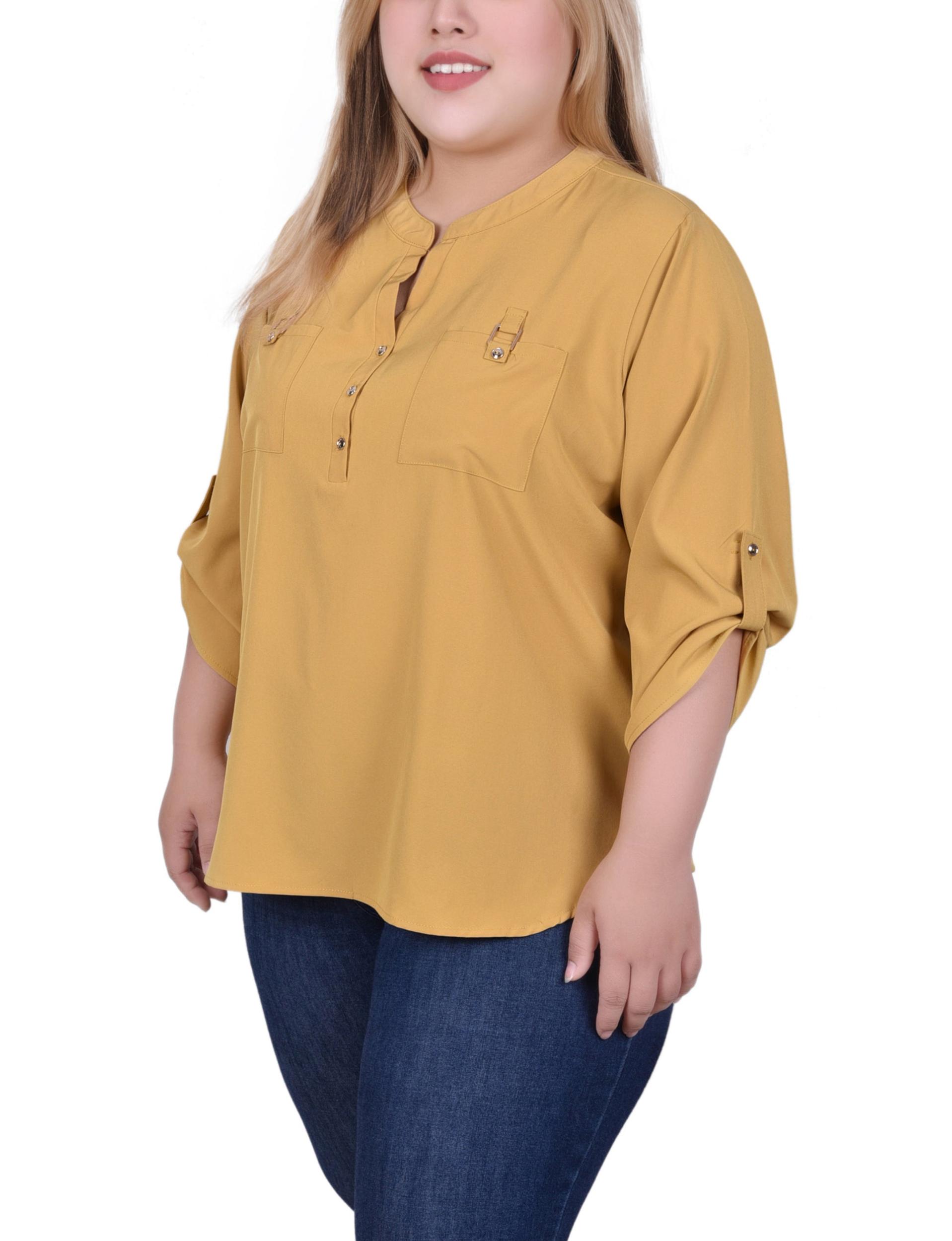 Yellow 3/4 Tabbed Sleeve Y Neck Blouse - Plus Size Product Image