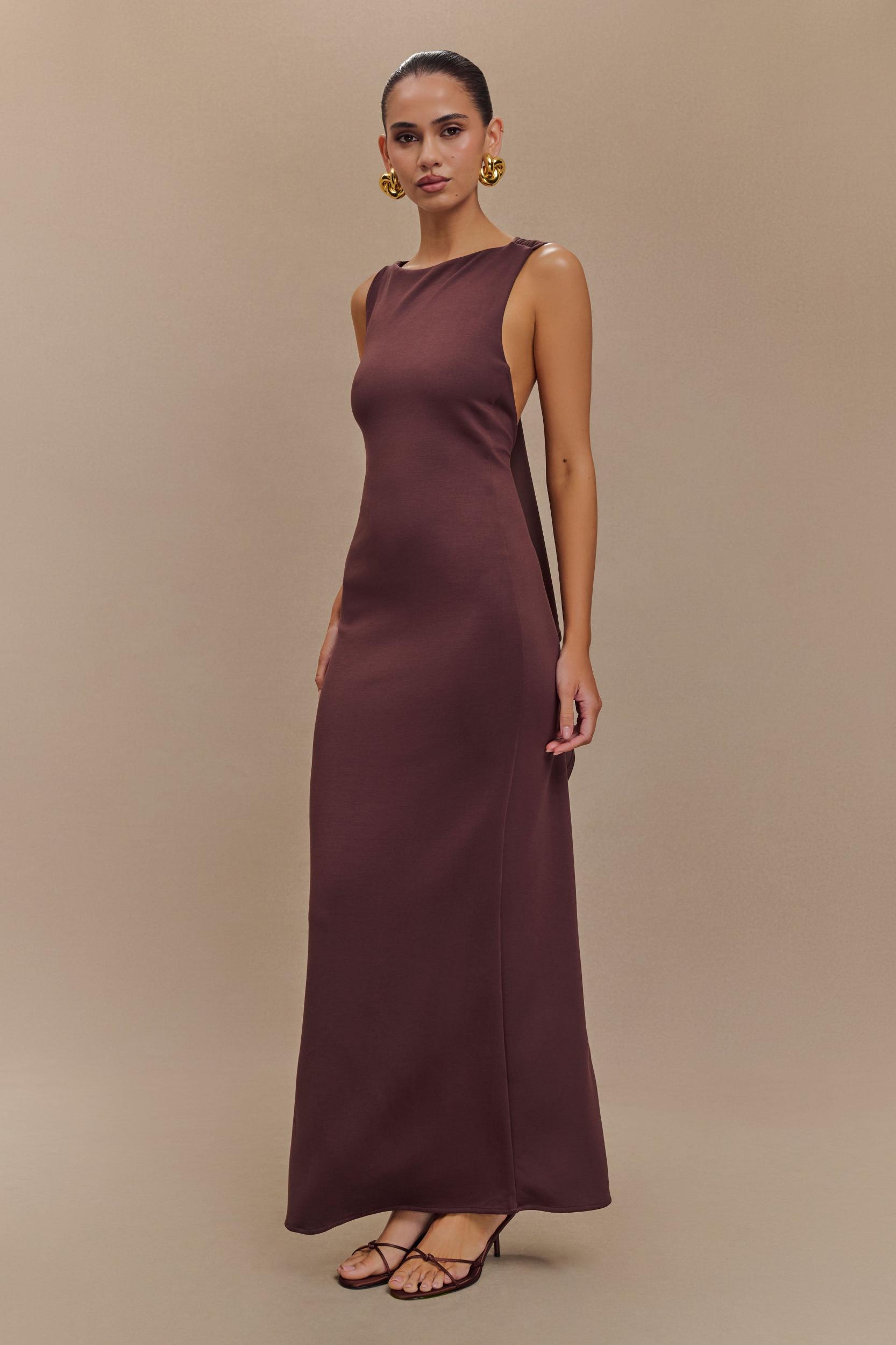 Catelyn Asymmetrical Scuba Jersey Midi Dress - Cacao Brown Product Image