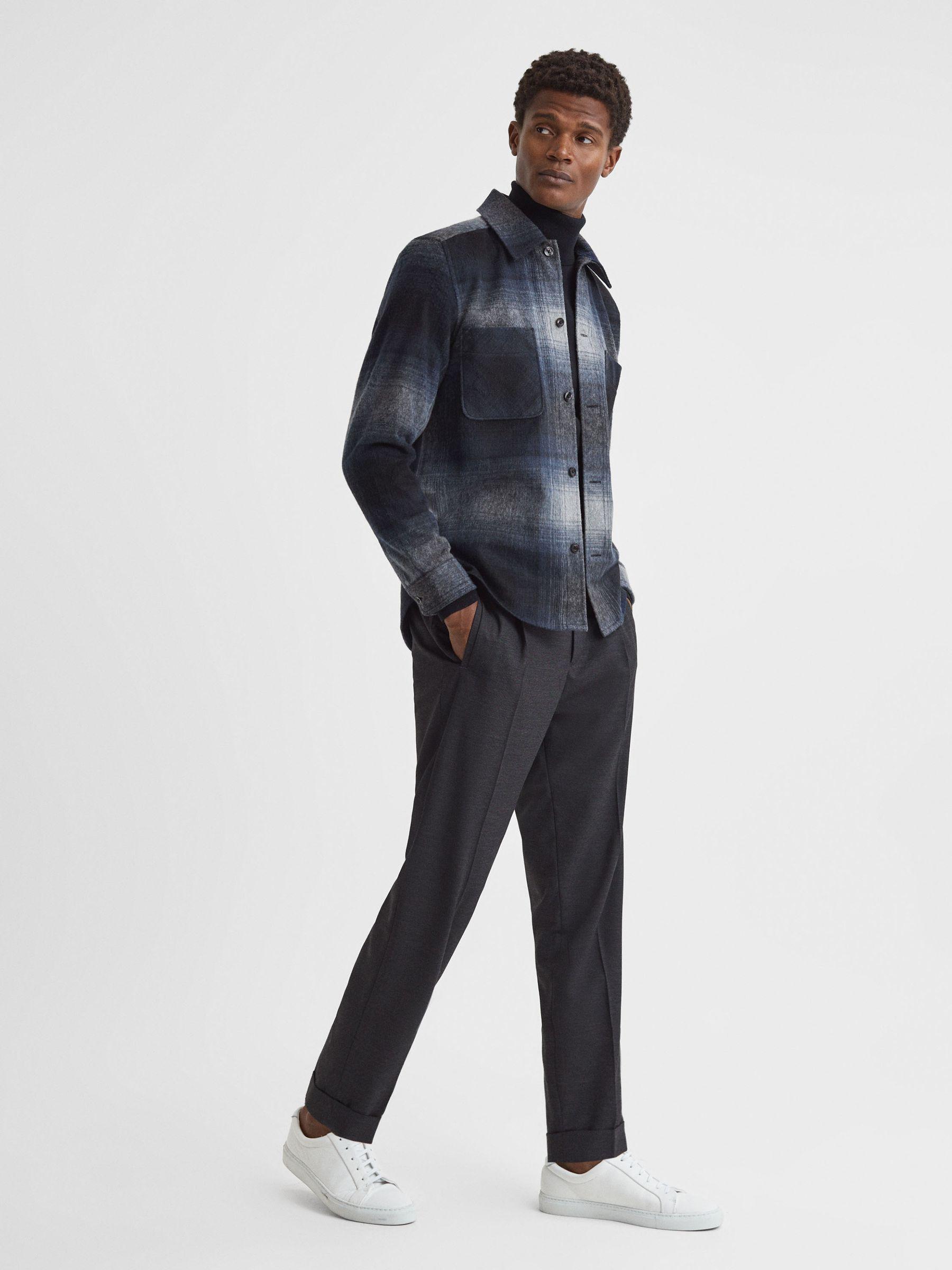 Wool Blend Check Overshirt in Blue Multi Product Image