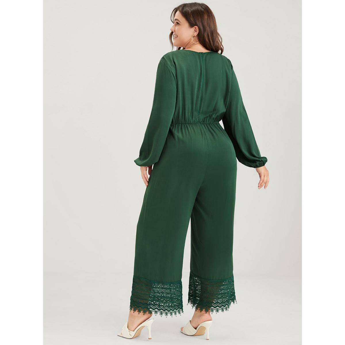 Plus Size Green Plain Pocket Button Lantern Sleeve Lace Hem Tie Jumpsuit Women Elegant Long Sleeve V-neck Dailywear Loose Jumpsuits BloomChic 18-20/2X Product Image