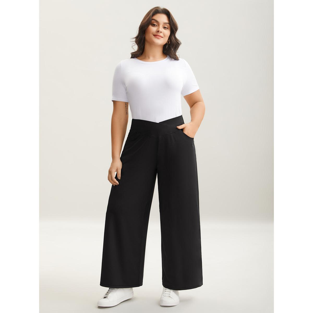 Plus Size Crossover Waist Very Stretchy Wide-Leg Pants Women Black Timeless Bodycon Mid Rise Elegant Pants BloomChic 30/6X Product Image