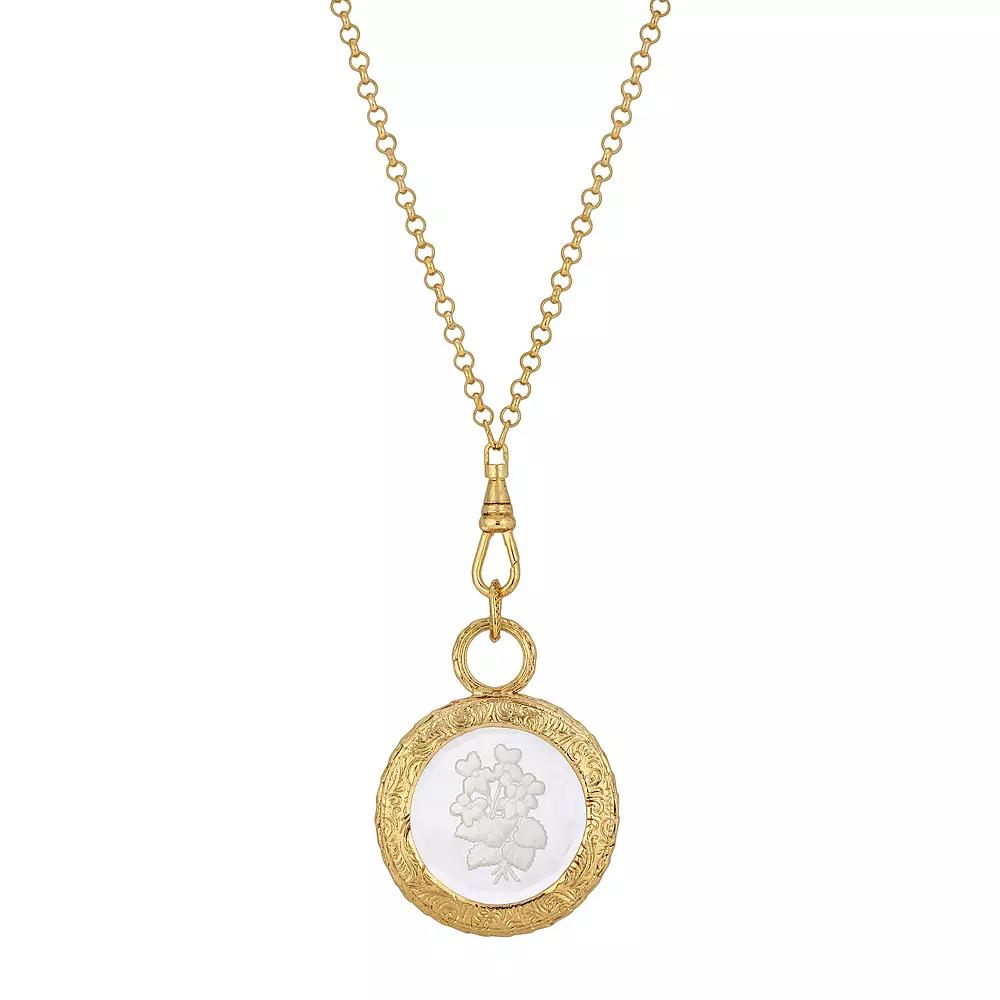 1928 Gold Tone White Intaglio Floral Medallion Necklace, Womens Product Image
