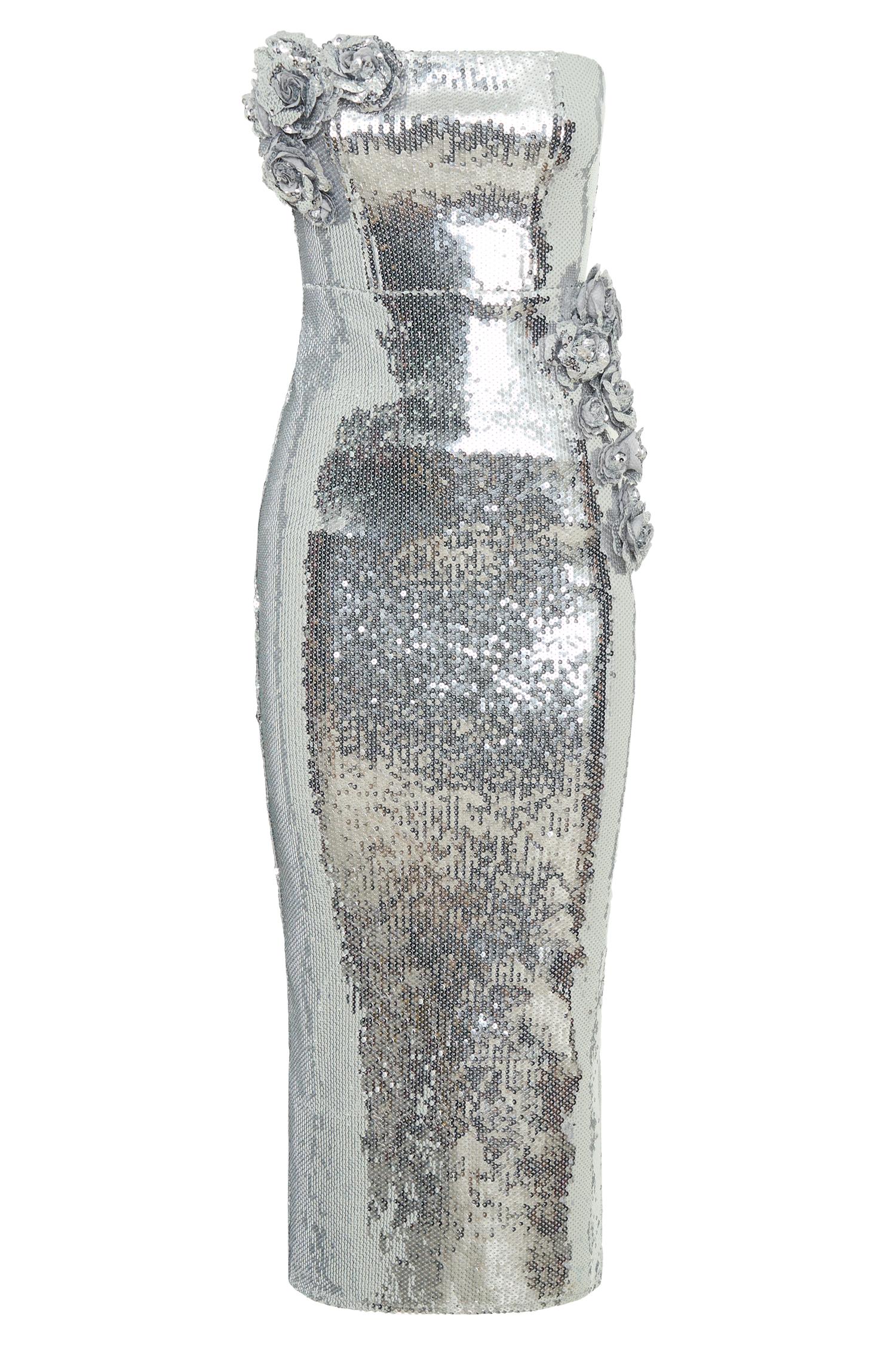 Cassia Strapless Sequin Rose Midi Dress - Silver Product Image
