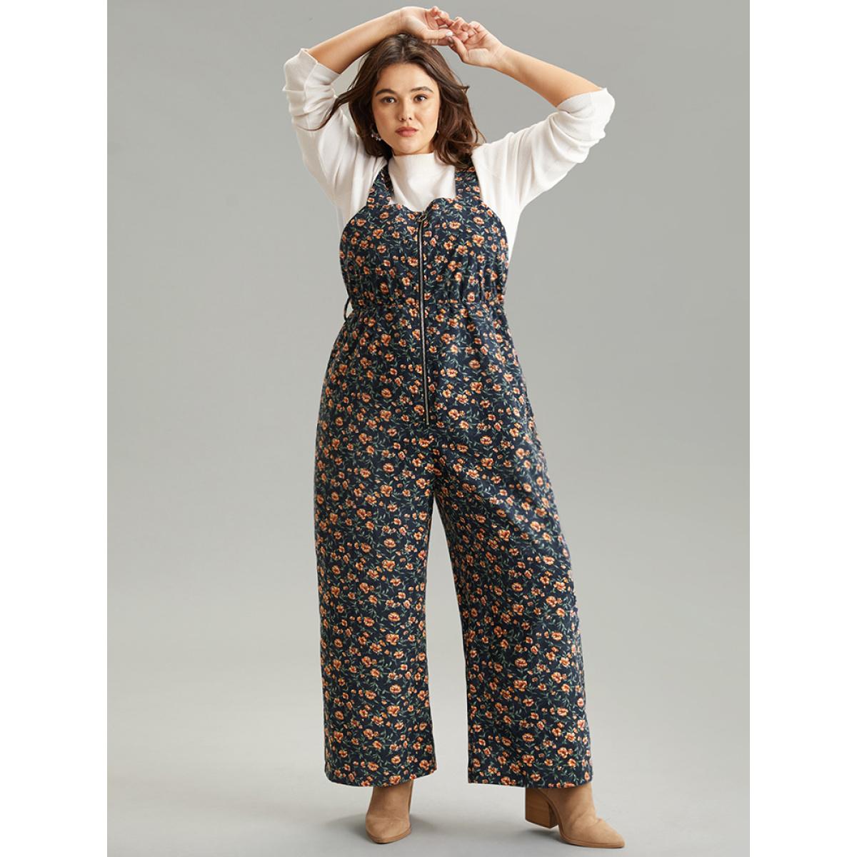 Plus Size Indigo Ditsy Floral O Ring Zipper Corduroy Jumpsuit Women Casual Sleeveless Spaghetti Strap Everyday Loose Jumpsuits BloomChic 22-24/3X Product Image