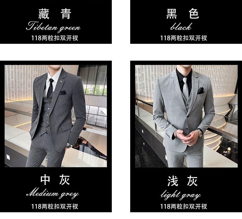 Set: Notch Lapel Single-Breasted Plain Blazer + Mid Rise Cropped Straight Leg Dress Pants + V-Neck Vest Product Image