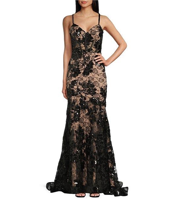 Blondie Nites Sequin Floral Lace Corset Trumpet Dress Product Image