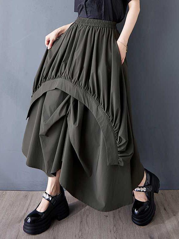 A-Line Loose Asymmetric Elasticity Pleated Pockets Solid Color Skirts Bottoms Product Image