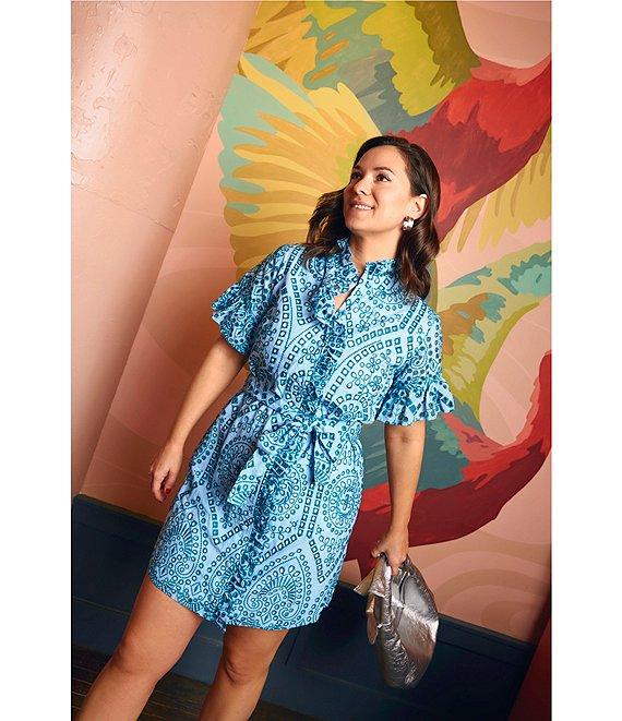 Abbey Glass Katie Button Down Collar Short Sleeve Eyelet Mini Shirt Dress Product Image