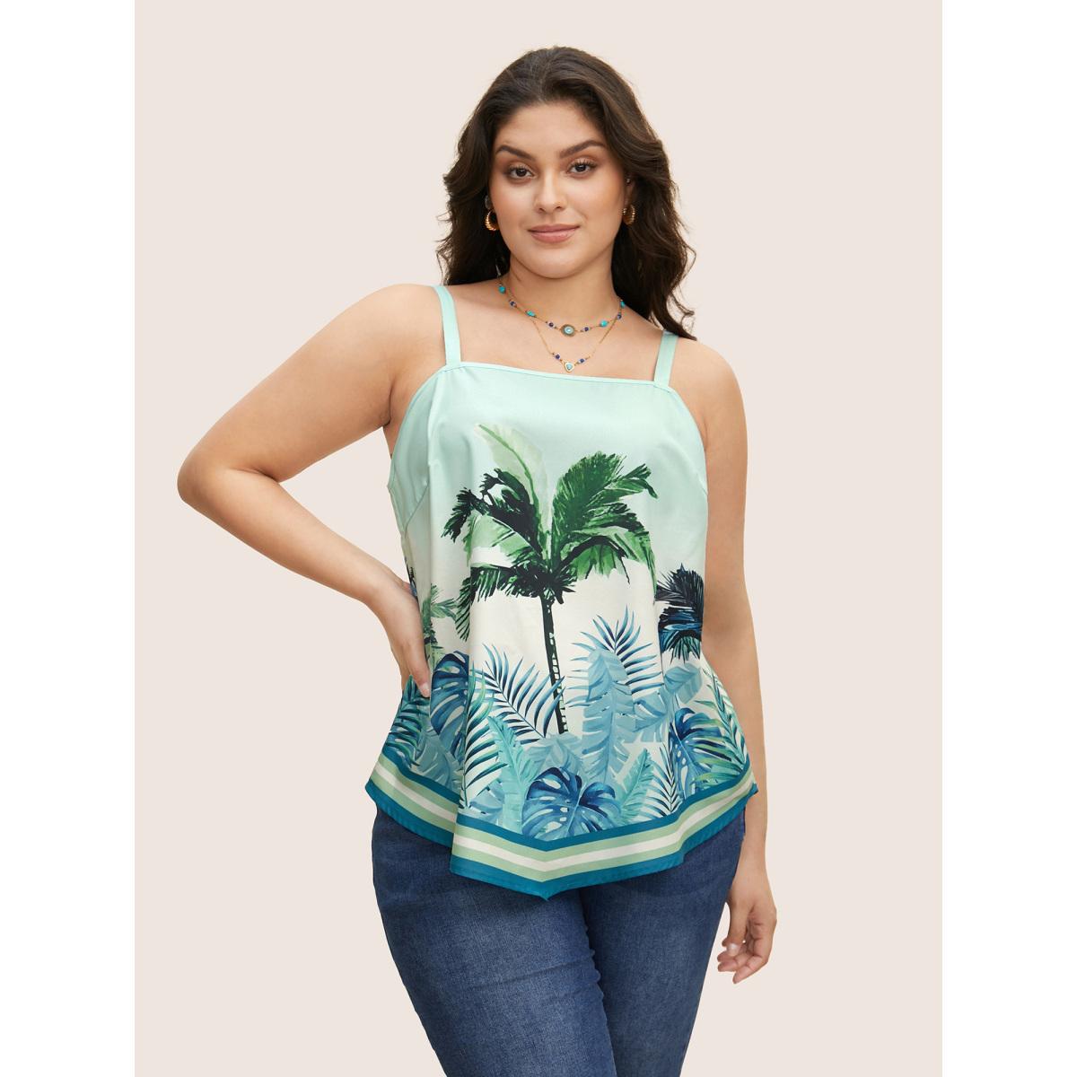 Plus Size Boho Coconut Tree Print Arc Hem Cami Top Women Arctic Resort Contrast One-shoulder neck Vacation Tank Tops Camis BloomChic 14-16/1X Product Image