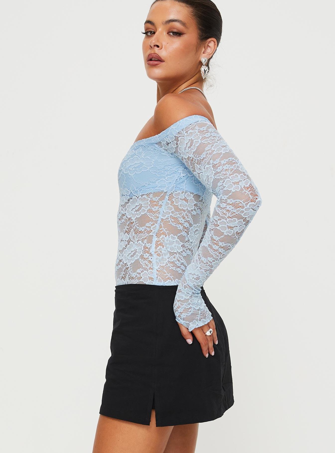 Weaver Off Shoulder Lace Bodysuit Blue Product Image