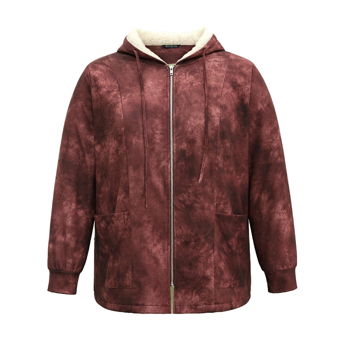 Plus Size Tie Dye Patchwork Fluffy Zipper Hooded Jacket Women Scarlet Lined Pocket Dailywear Jackets BloomChic 10/M Product Image
