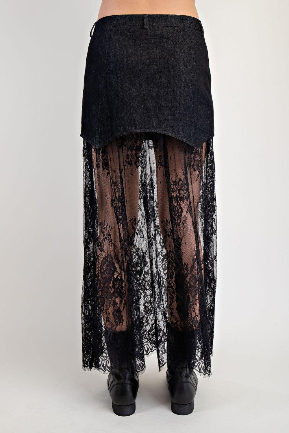 Lace Contrast Denim Maxi Skirt Product Image