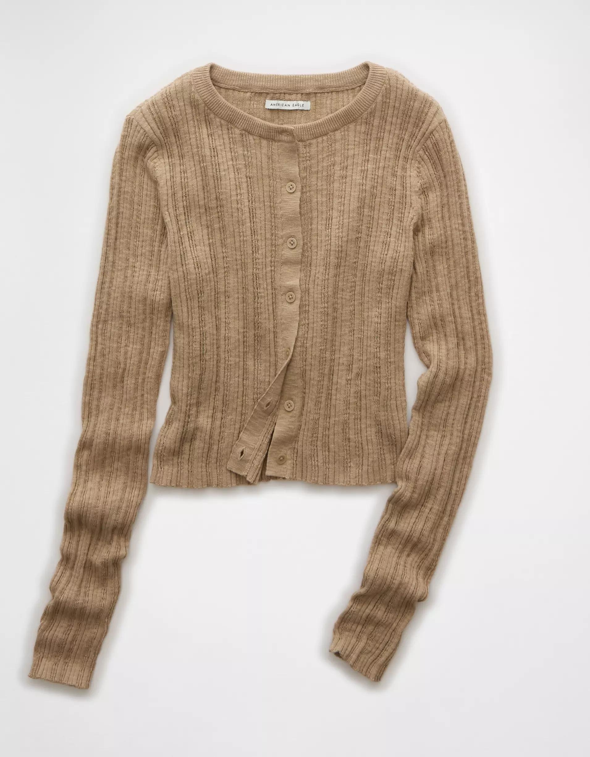 AE Ribbed Crew Neck Cardigan Product Image