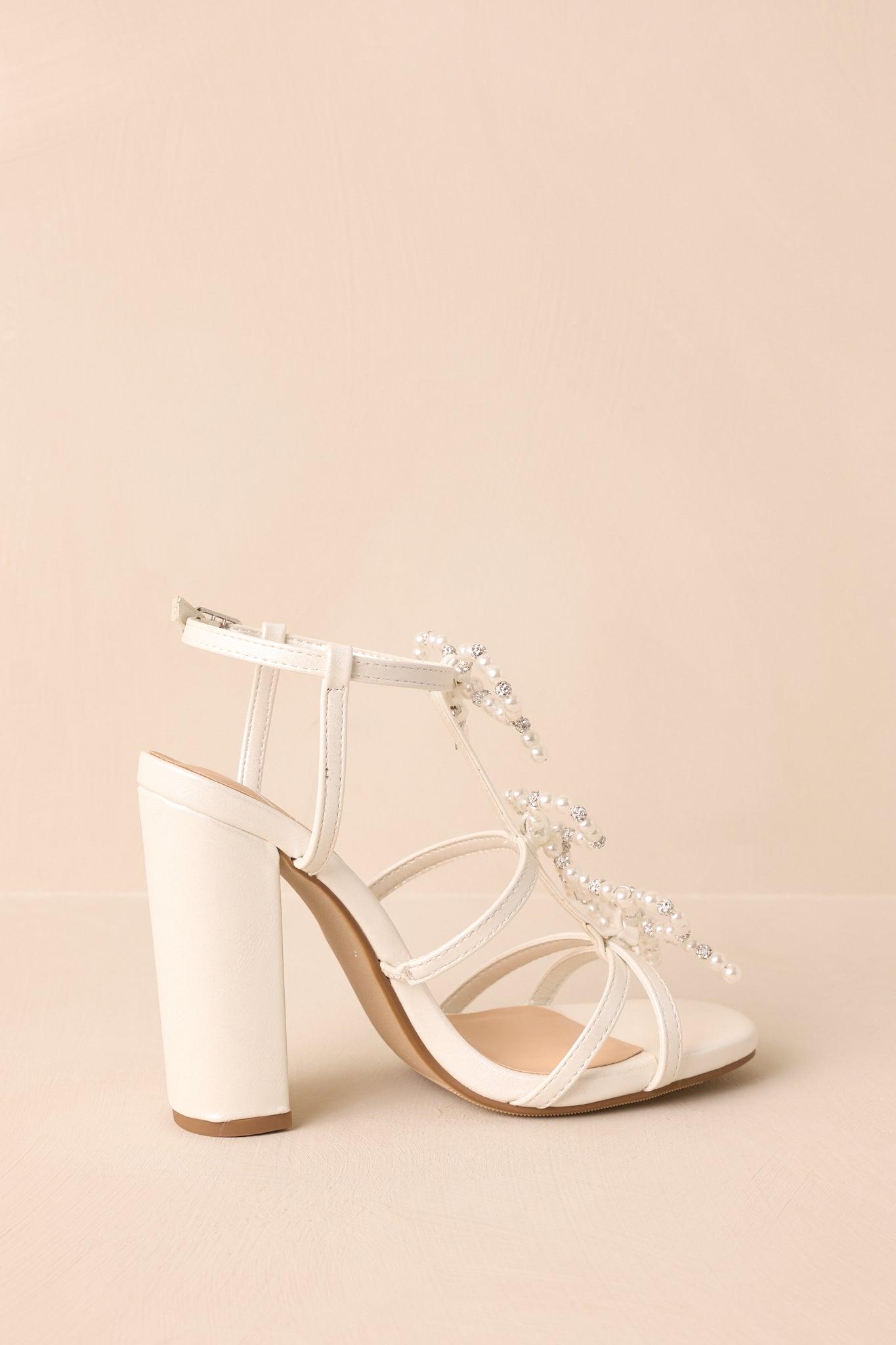 Reaching Higher Ivory Pearl Bow Front Ankle Strap Heels Product Image