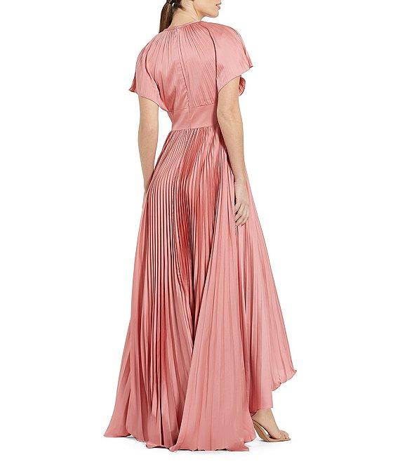 Mac Duggal Pleated Charmeuse Crew Neck Front Cut-Out Short Sleeve High Low Gown Product Image