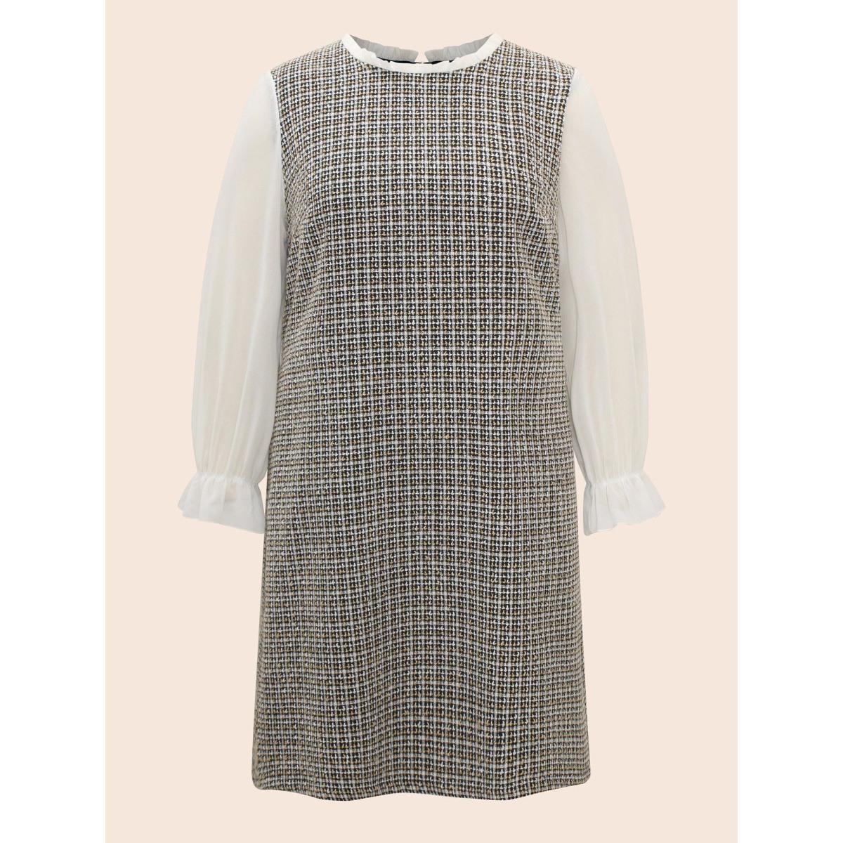 Plus Size Tweed Patchwork Ruffle Trim Dress Black Women Elegant Texture Mock Neck Long Sleeve Curvy BloomChic 30/6X Product Image