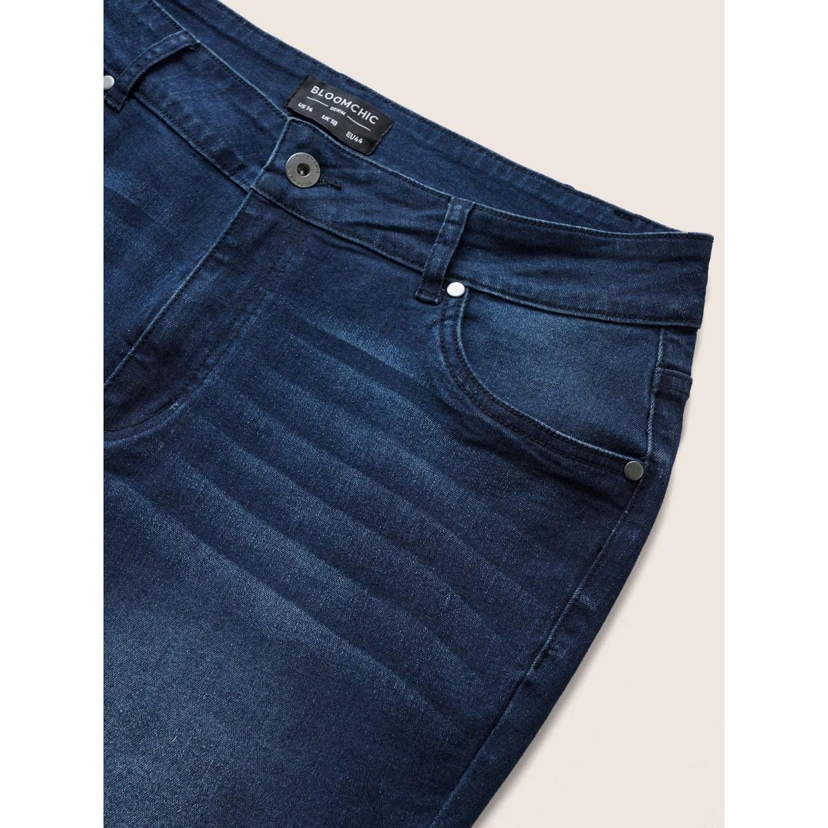 Plus Size Plain Roll Hem Skinny Cropped Jeans Women Indigo Casual Plain Non High stretch Slanted pocket Jeans BloomChic 14/1X Product Image