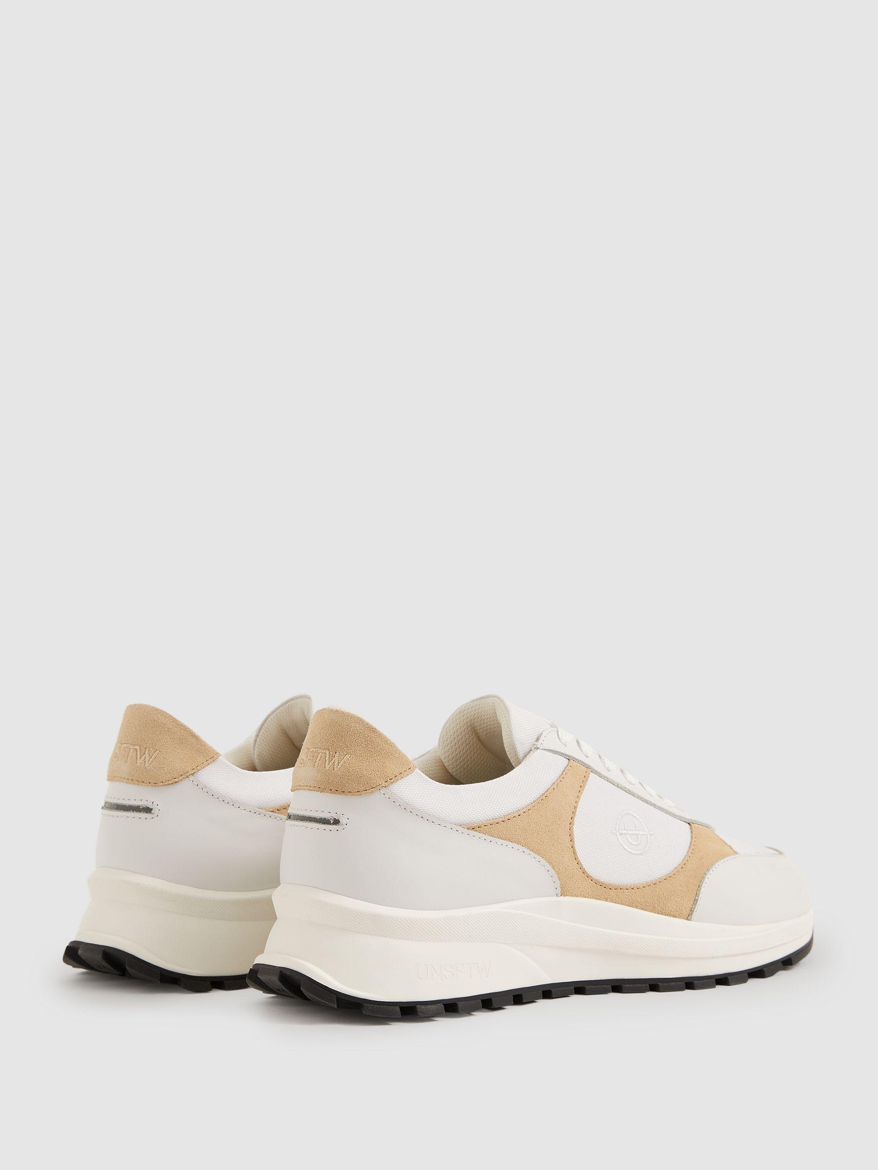 Unseen Suede Leather Colour-Block Trainers in White/Taupe Product Image