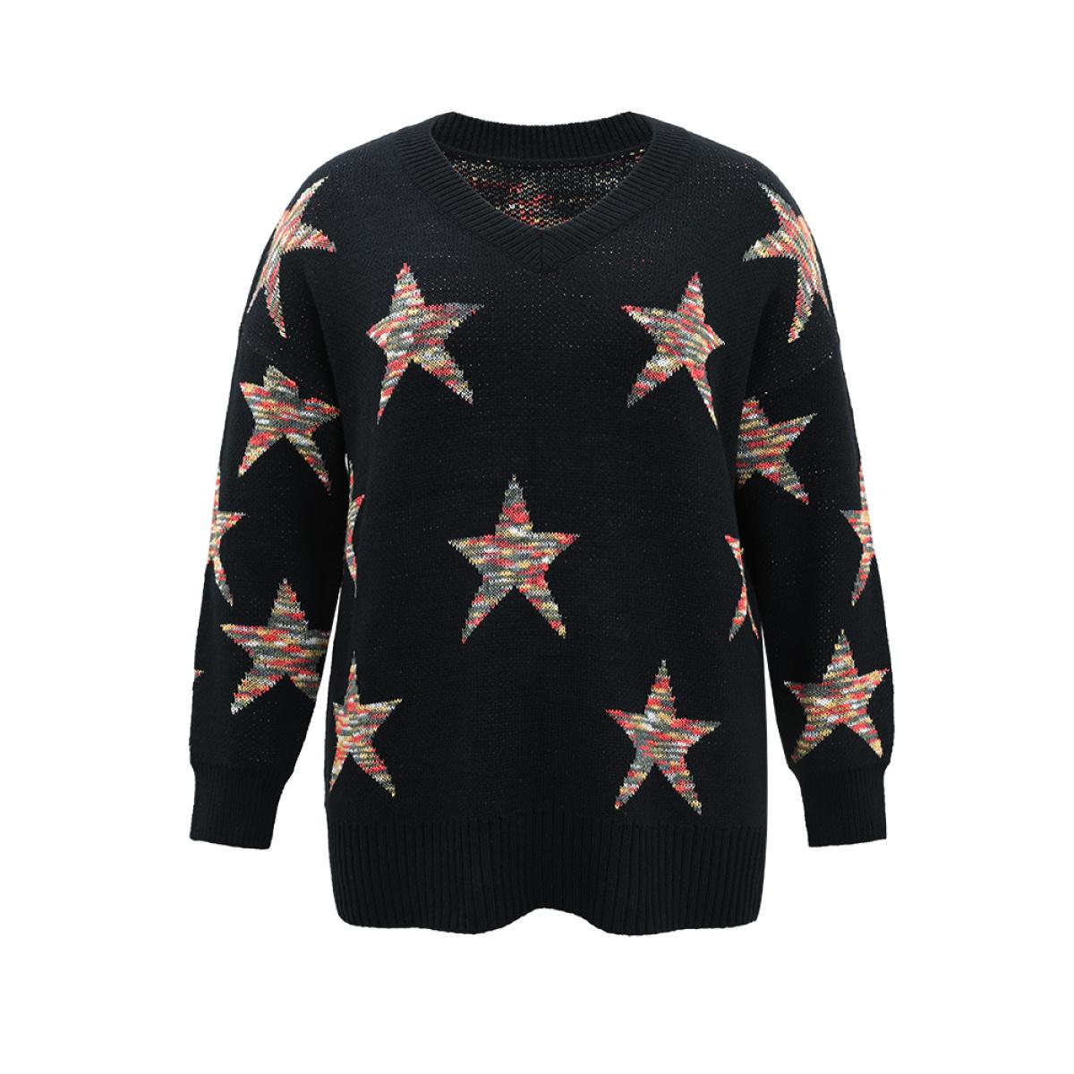 Plus Size Star Heather Elastic Cuffs Pullover Black Women Casual Loose Long Sleeve V-neck Dailywear Pullovers BloomChic 22-24/3X Product Image