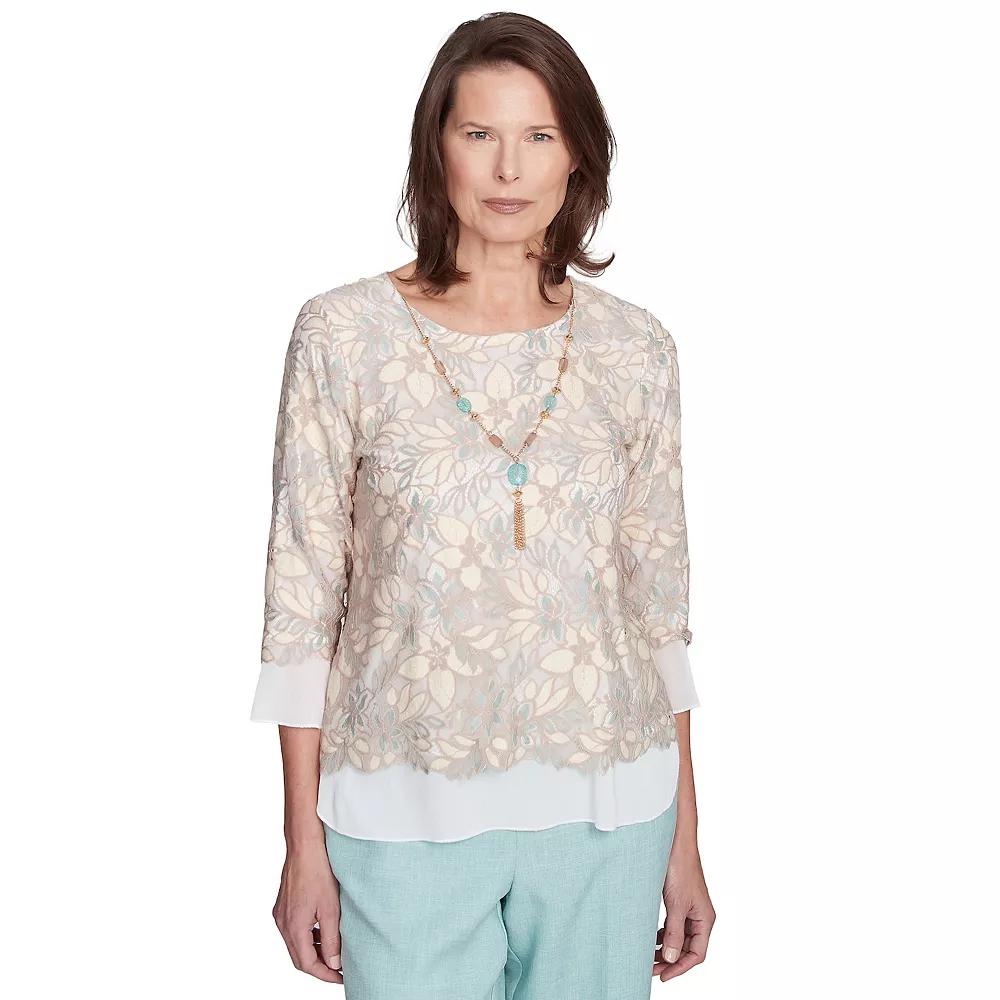 Petite Alfred Dunner Floral Lace Woven Trim Top with Necklace, Women's,  Product Image