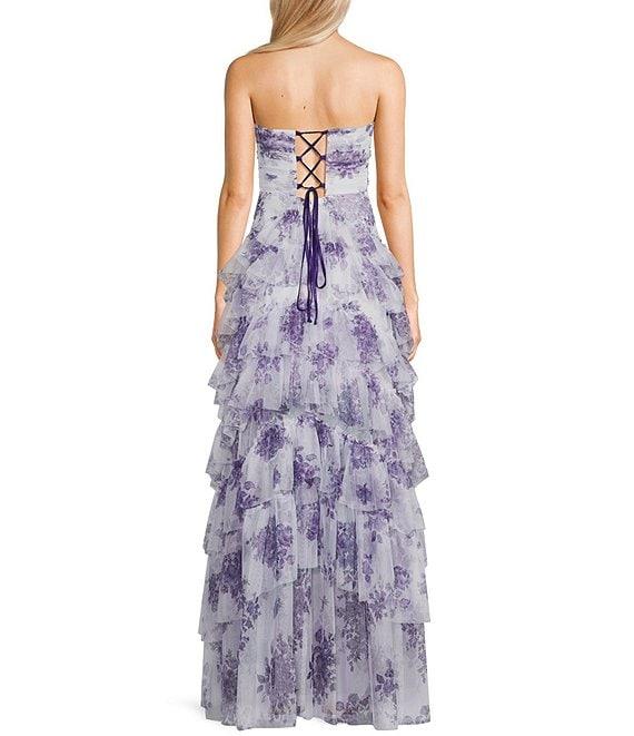 Pear Culture Printed Floral Mesh Strapless Corset Tiered Dress Product Image