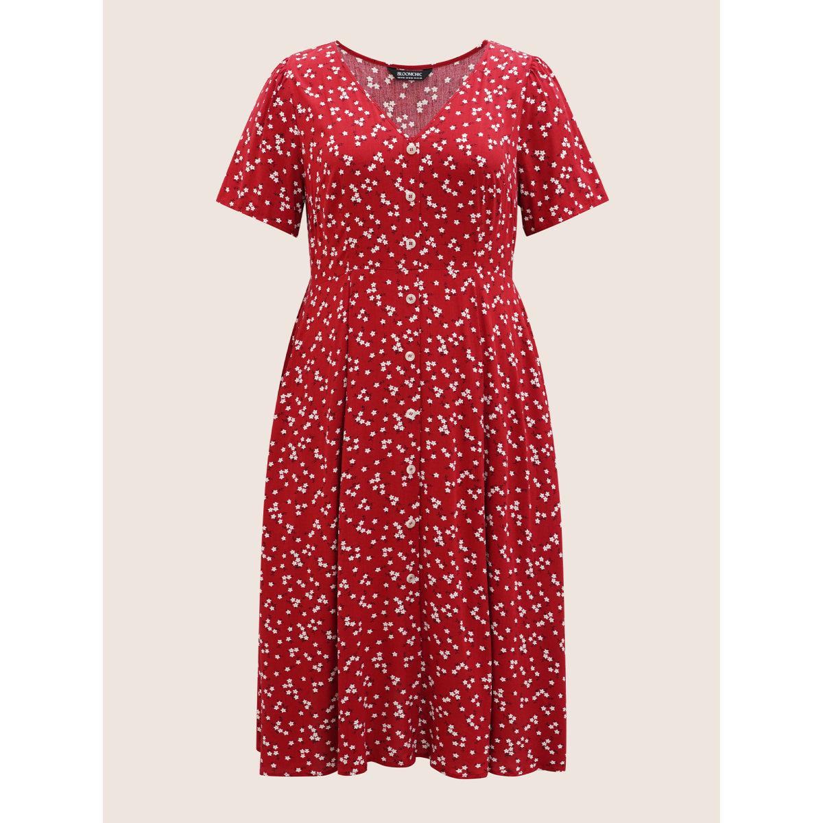 Plus Size Ditsy Floral Button Detail Elastic Waist Midi Dress Crimson Women Timeless Gathered V-neck Short sleeve Curvy BloomChic 22-24/3X Product Image