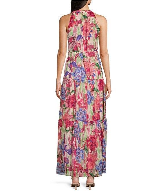 Leslie Fay Halter Neck Sleeveless Floral Chiffon Maxi Dress Product Image