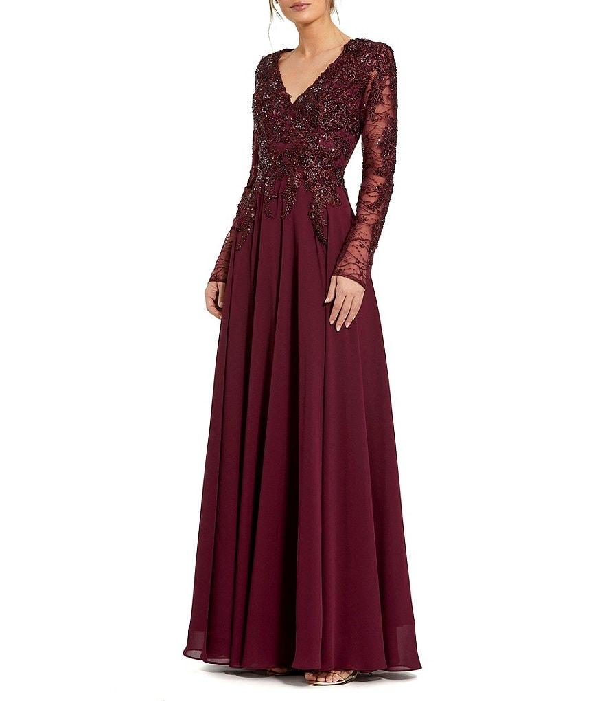 Mac Duggal Embellished Floral Lace V-Neck Illusion Long Sleeve Gown Product Image