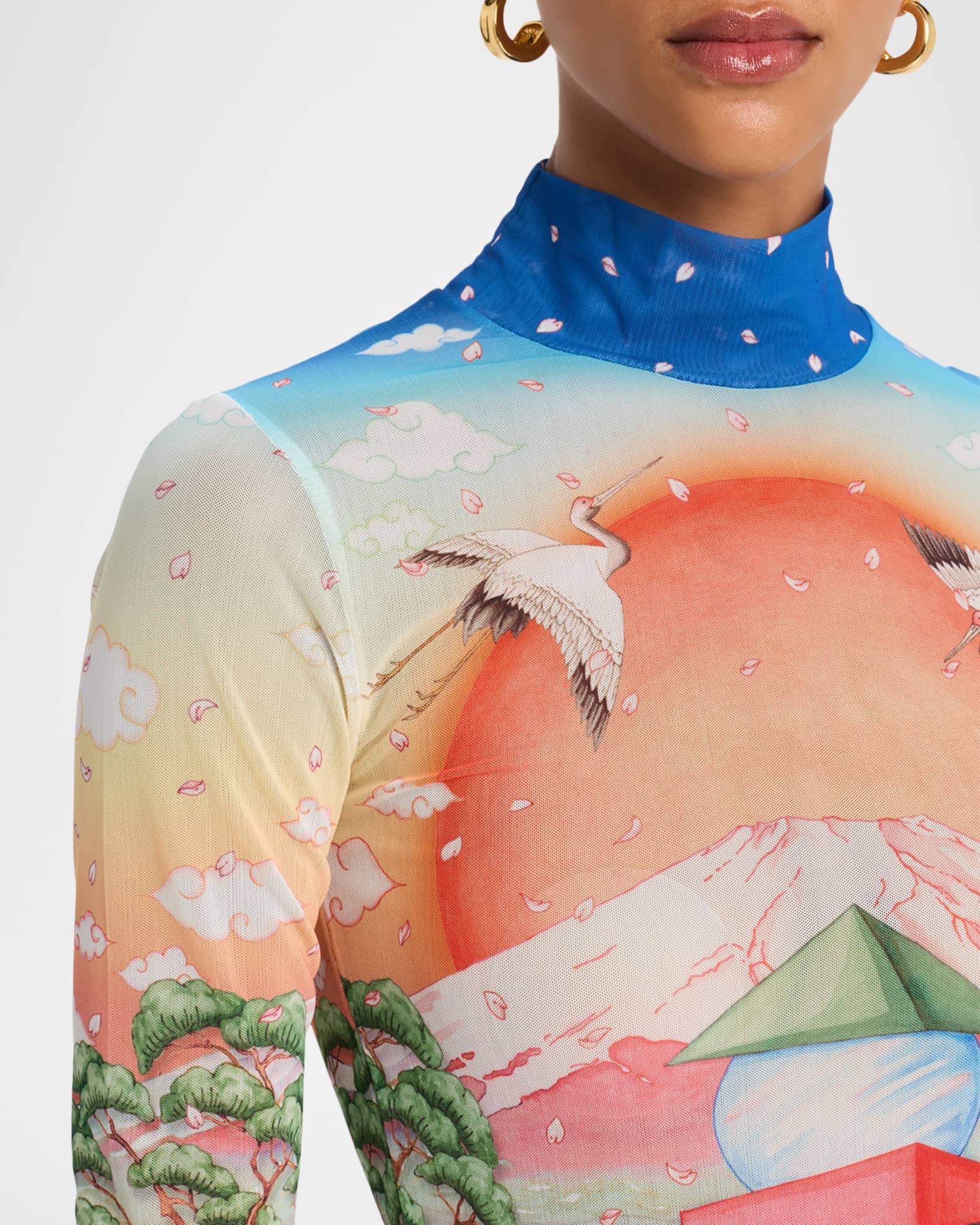 Mock-Neck Printed Mesh Long-Sleeve Top Product Image