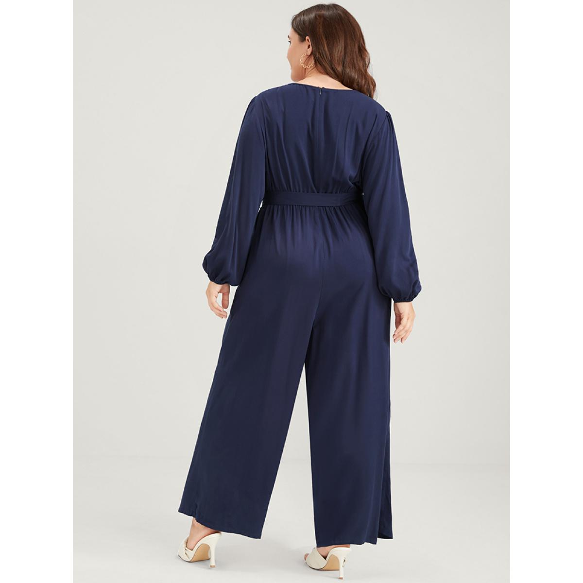 Plus Size DarkBlue Solid Pocket Lantern Sleeve Embroidered Belted Jumpsuit Women Elegant Long Sleeve Round Neck Dailywear Loose Jumpsuits BloomChic 14-16/1X Product Image