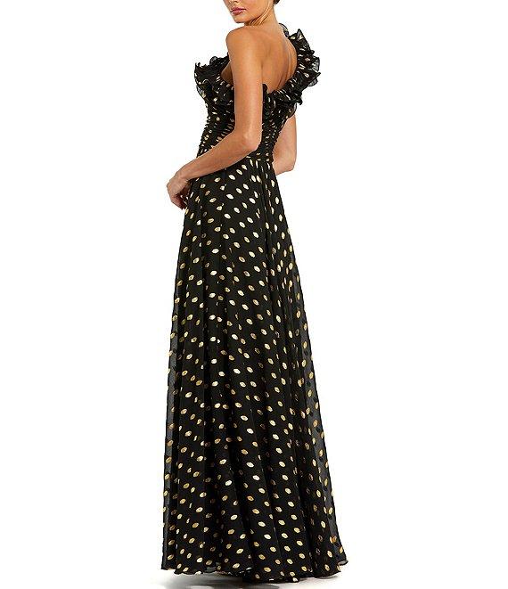 Mac Duggal One Shoulder Ruffle Pleated Bodice Foil Dotted Chiffon Gown Product Image