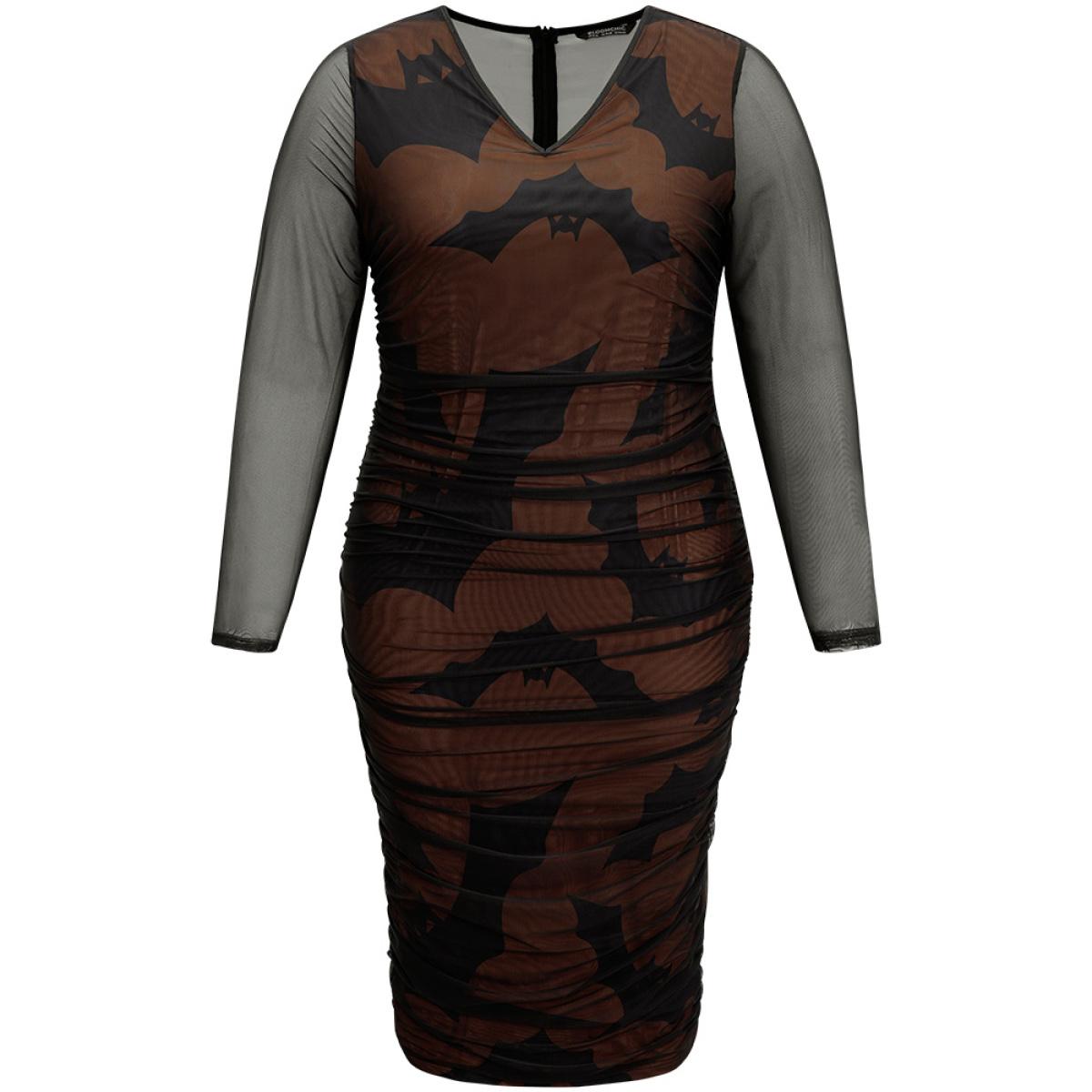 Plus Size Halloween Bat V Neck Mesh Patchwork Dress DarkBrown Women Casual See through V-neck Long Sleeve Curvy Midi Dress BloomChic 10/M Product Image