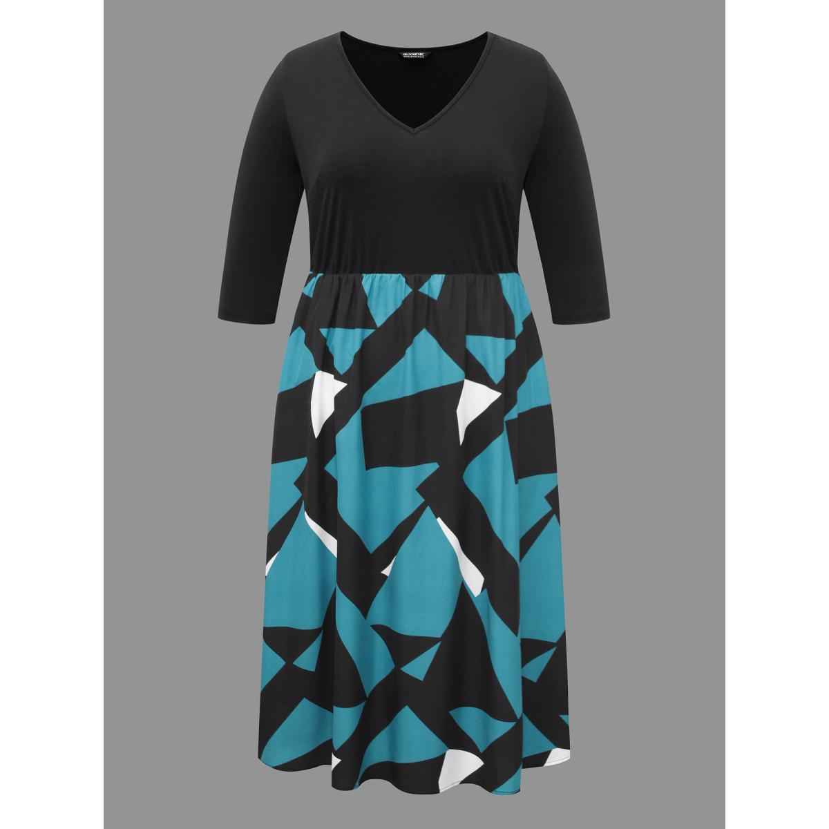 Plus Size V-Neck Geometric Color Contrast Dress Black Women At the Office Patchwork V-neck Elbow-length sleeve Curvy BloomChic 14-16/1X Product Image