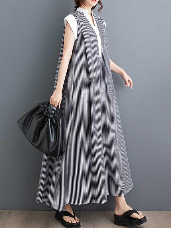 Cap Sleeve Loose Buttoned Striped Lapel Maxi Dresses Shirt Dress Product Image