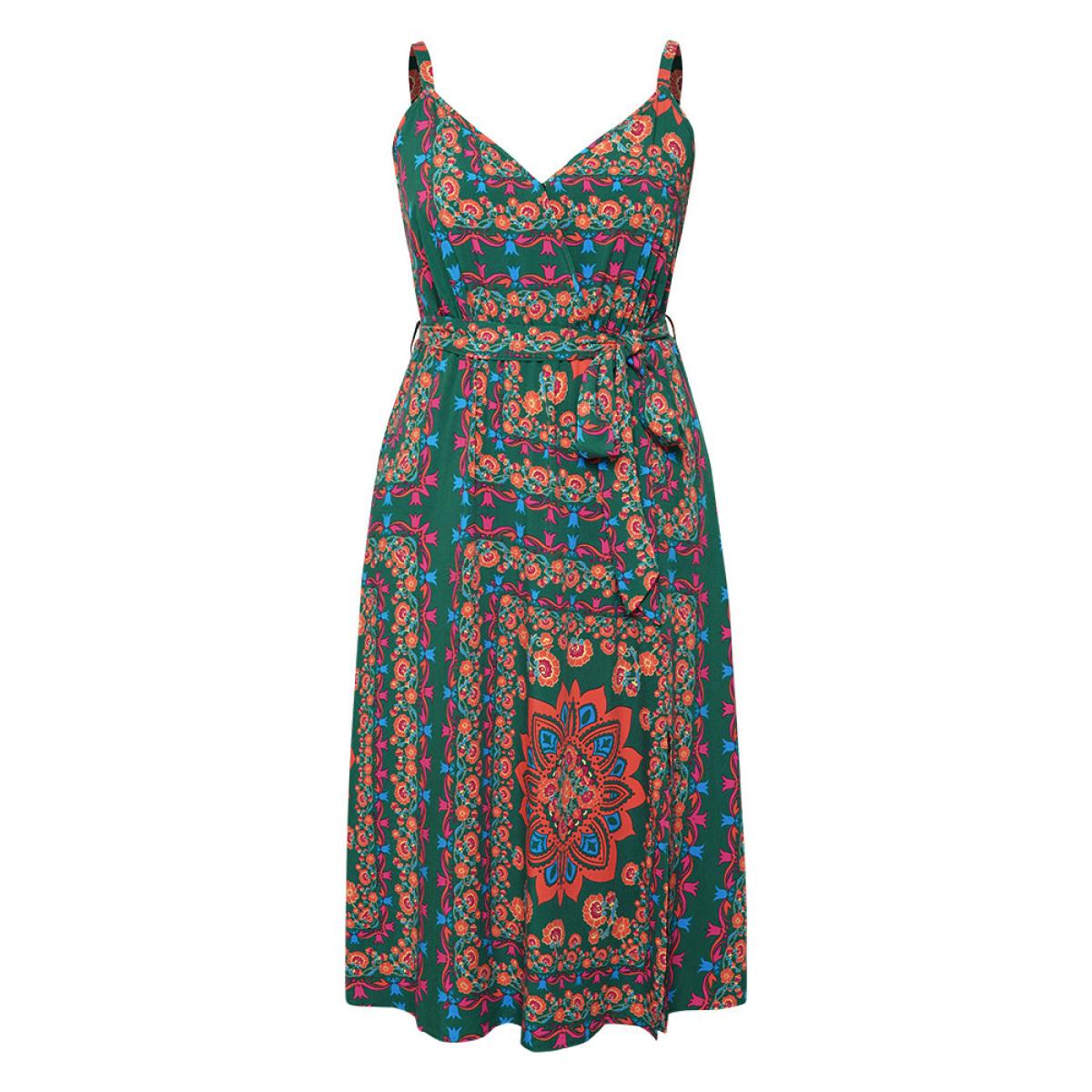 Plus Size Boho Print Belted Split Hem Pocket Cami Dress DarkGreen Women Vacation Gathered V-neck Sleeveless Curvy Midi Dress BloomChic 14-16/1X Product Image