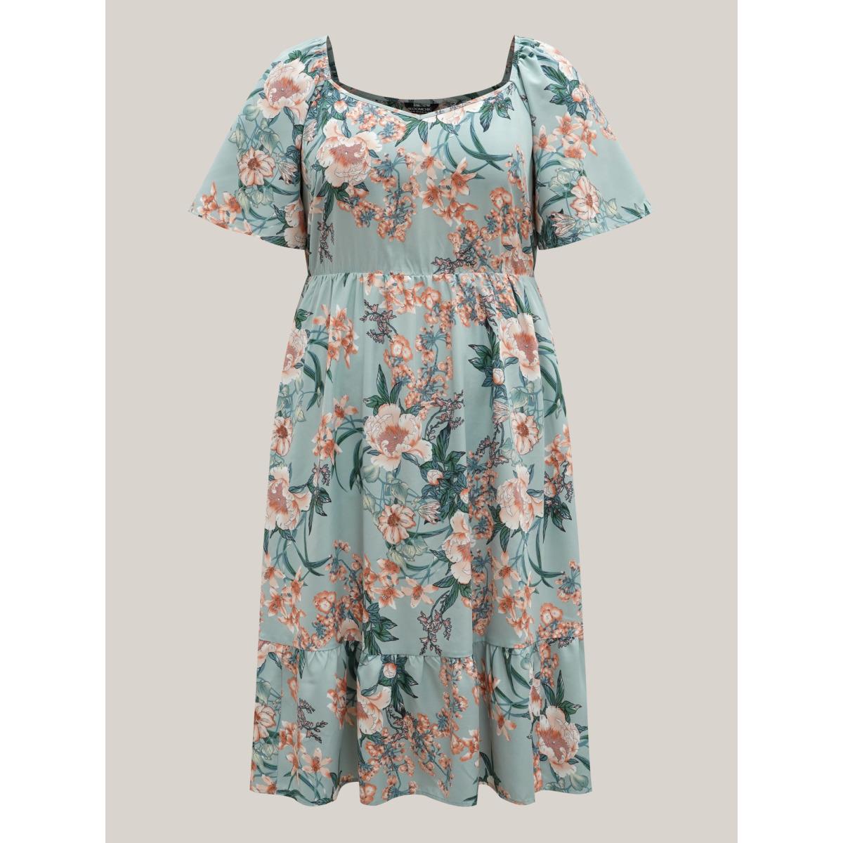 Plus Size Floral Print Flared Sleeve Pockets Midi Dress Mint Women Elegant Non Heart neckline Short sleeve Curvy BloomChic 14-16/1X Product Image