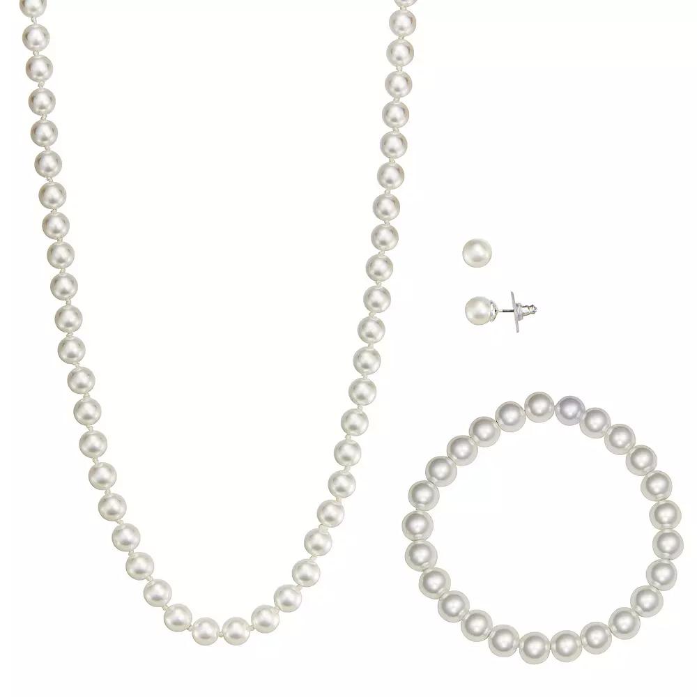 You're Invited Silver Tone Simulated Pearl Necklace, Stud Earrings, and Bracelet Set, Women's Product Image