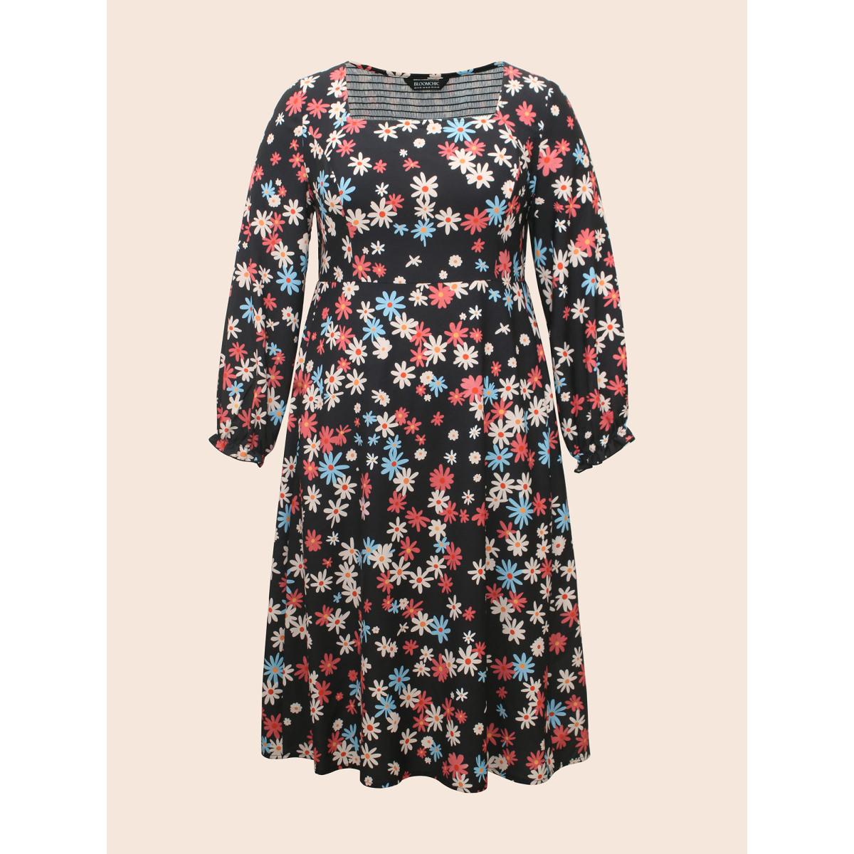 Plus Size Floral Square Neck Lantern Sleeve Dress BlackFlower Women Elegant Ruffles Square Neck Long Sleeve Curvy BloomChic 26/4X Product Image