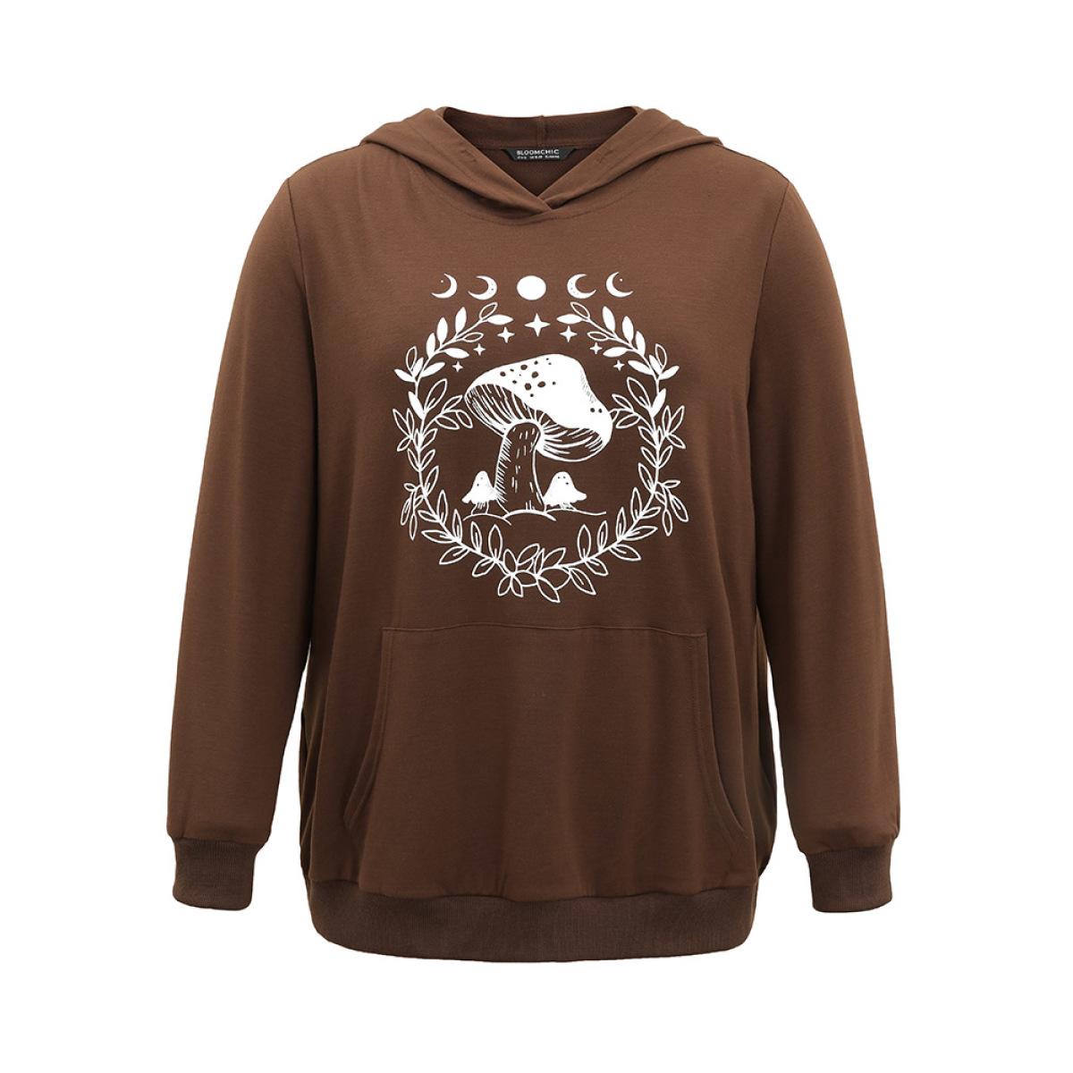 Plus Size Plants Print Hooded Kangaroo Pocket Sweatshirt Women DarkBrown Casual Printed Dailywear Sweatshirts BloomChic 18-20/2X Product Image