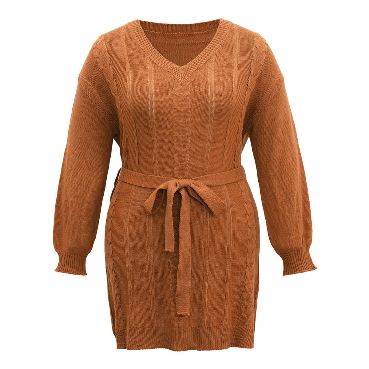 Plus Size Cable Knit Belted Lantern Sleeve Sweater Dress Chocolate Women Casual Loose Long Sleeve Dailywear Sweater Dresses BloomChic 10/M Product Image