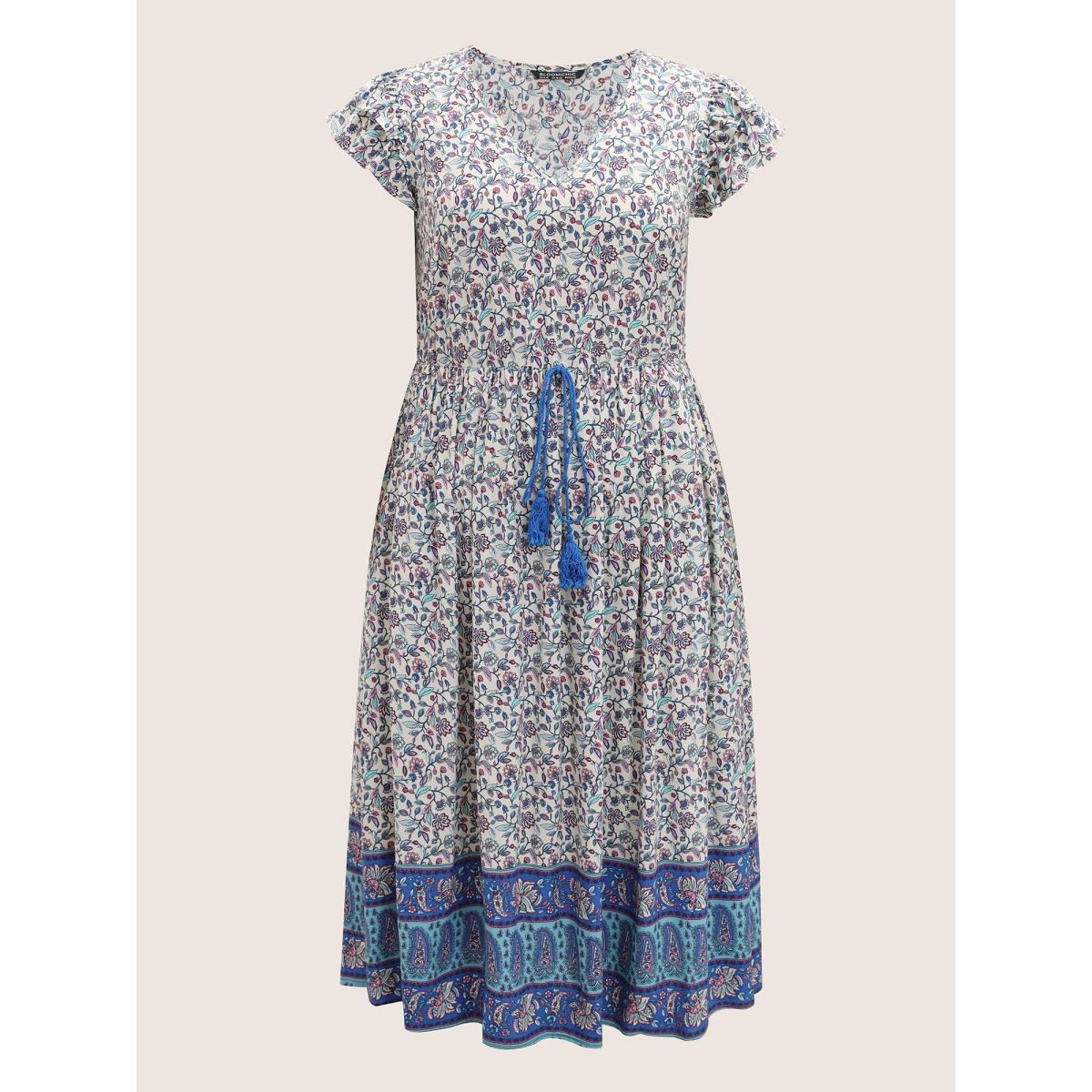 Plus Size Paisley Print Tiered Ruffles Pocket Dress Bluepurple Women Resort Cross straps V-neck Cap Sleeve Curvy BloomChic 12/L Product Image