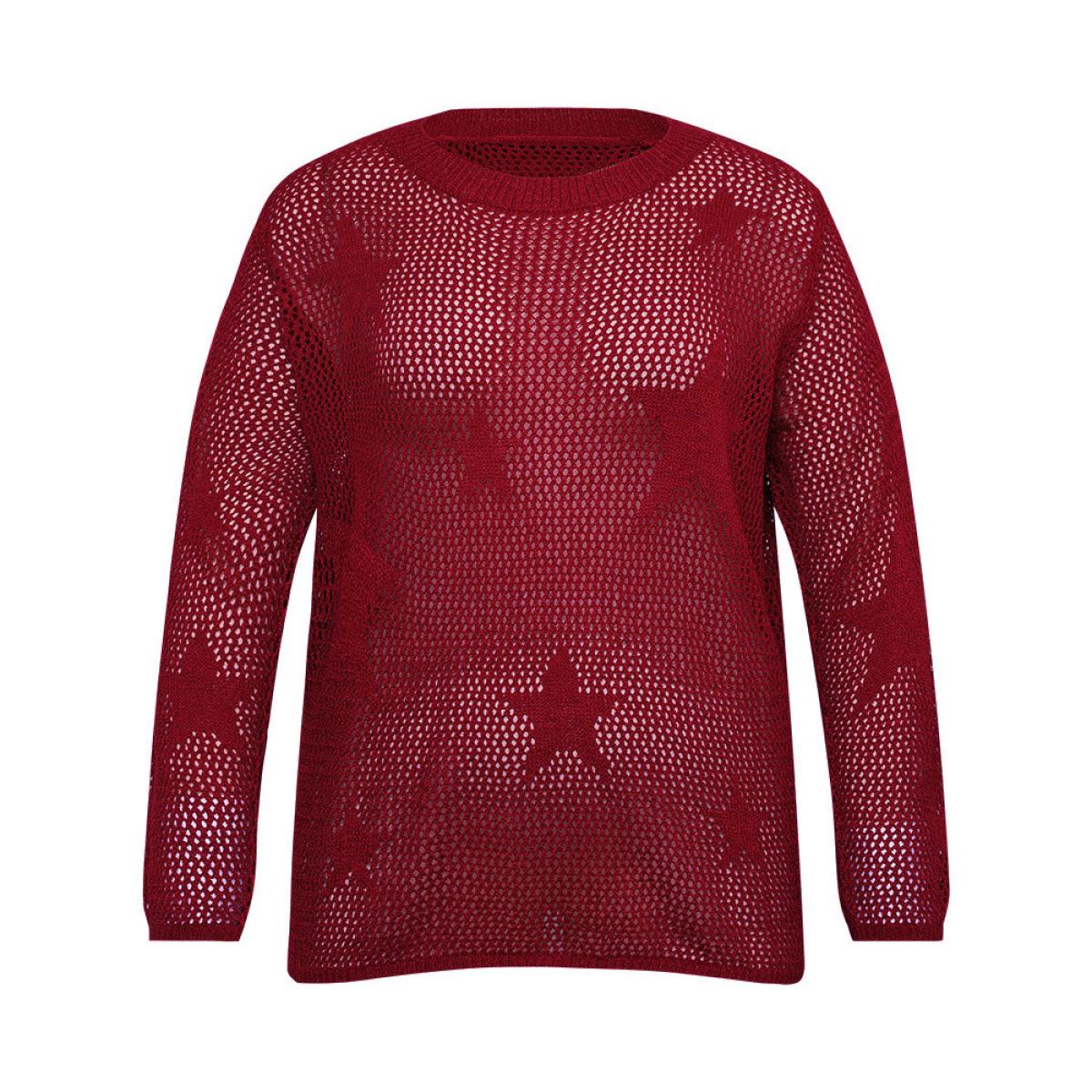 Plus Size Star Pattern Lantern Sleeve Hollow Out Pullover Raspberry Women Casual Long Sleeve Round Neck Everyday Pullovers BloomChic 18-20/2X Product Image