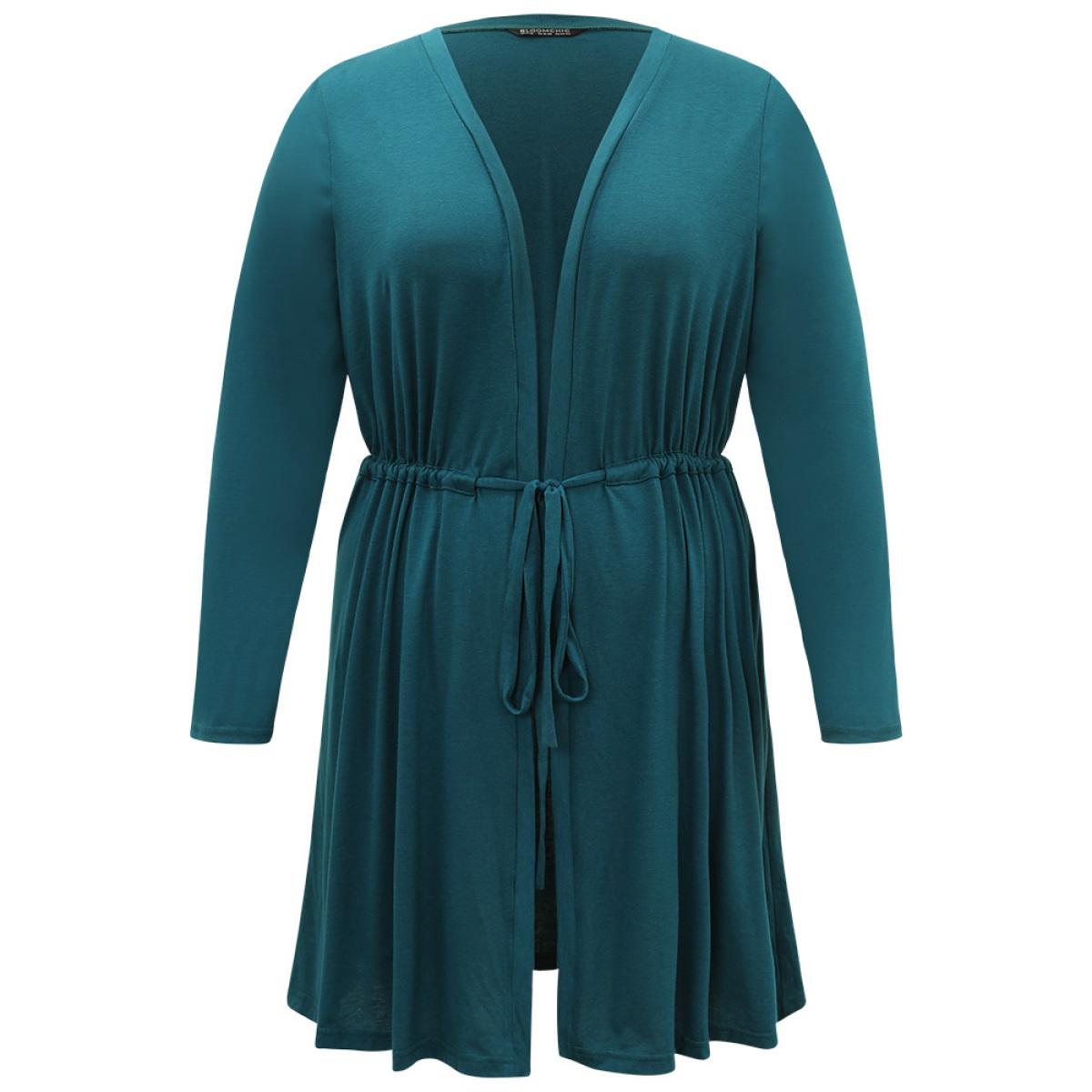 Plus Size Plain Drawstring Knot Open Front Coat Women Cyan Casual Plain Ladies Dailywear Winter Coats BloomChic 12/L Product Image