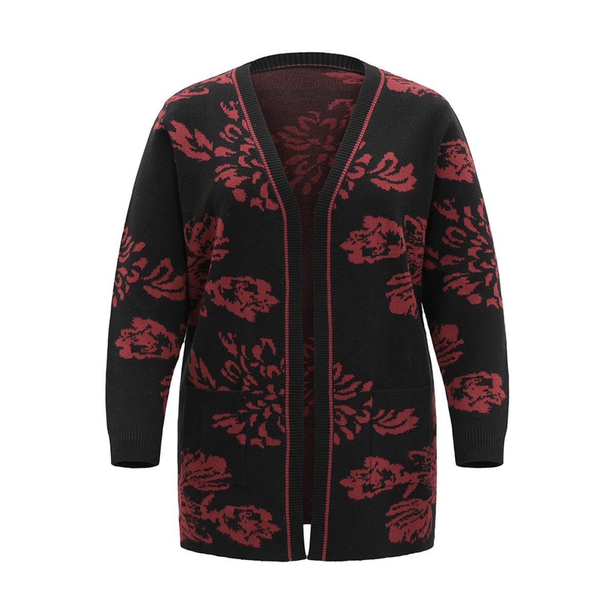 Plus Size Supersoft Essentials Jacquard Pocket Open Front Cardigan Black Women Casual Loose Long Sleeve Dailywear Cardigans BloomChic 22-24/3X Product Image