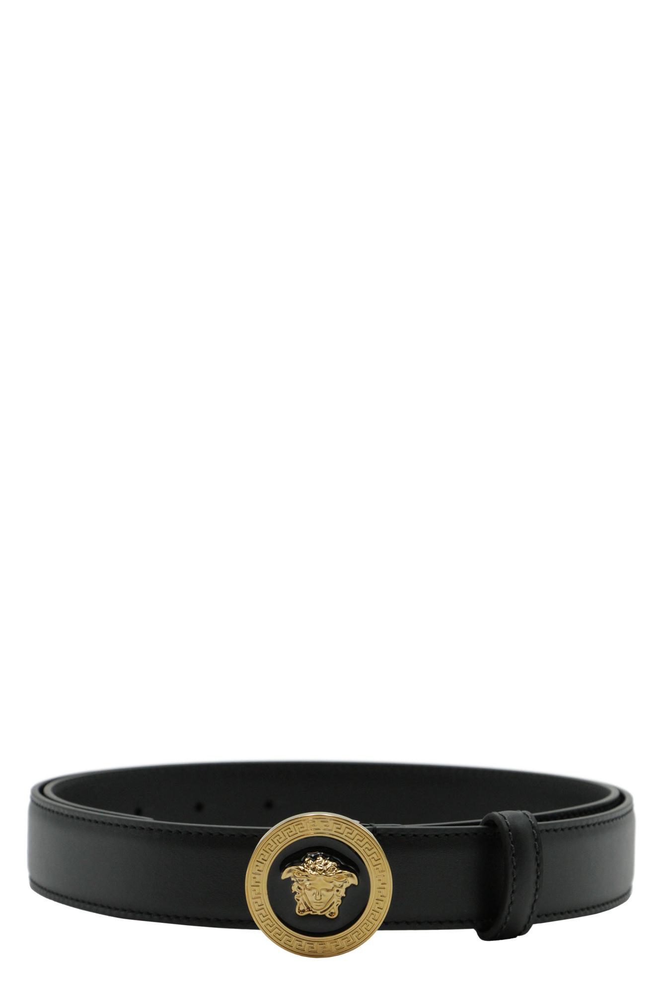 VERSACE Medusa Streamlined Leather Belt With Adjustable Length And Gold-tone Buckle In Black Product Image