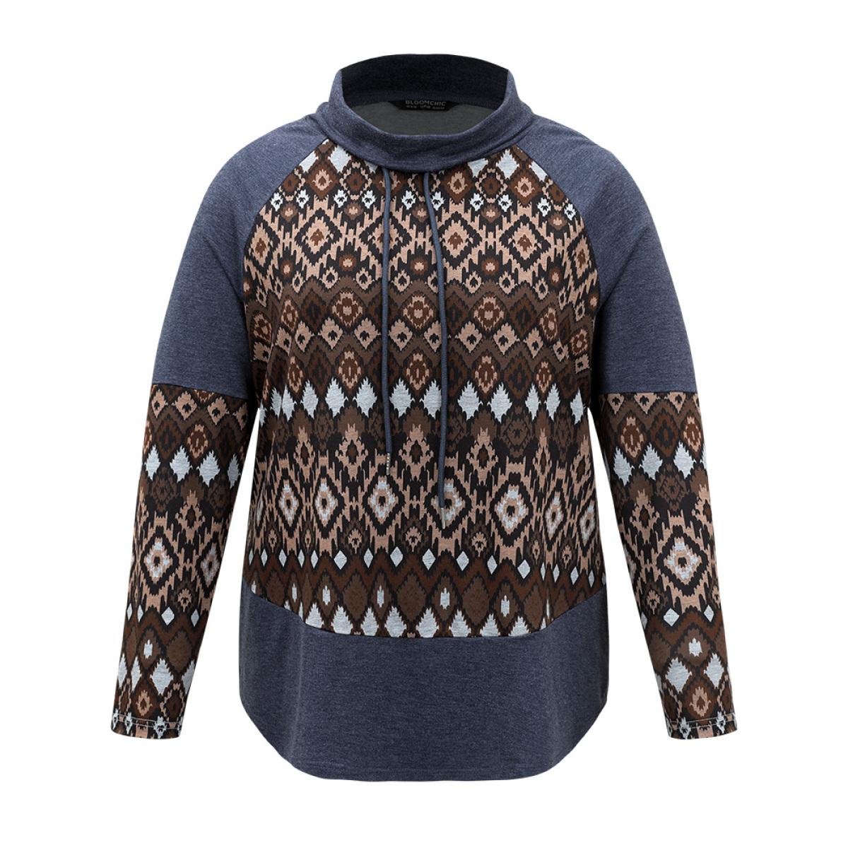 Plus Size Bandana Patchwork Mock Neck Raglan Sleeve Sweatshirt Women Indigo Casual Contrast Mock Neck Dailywear Sweatshirts BloomChic 14-16/1X Product Image